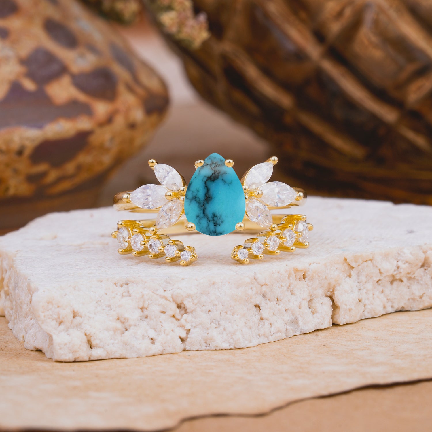 Vintage - Style 4 - Prong Pear - Shaped Turquoise Stackable Bridal Ring Set