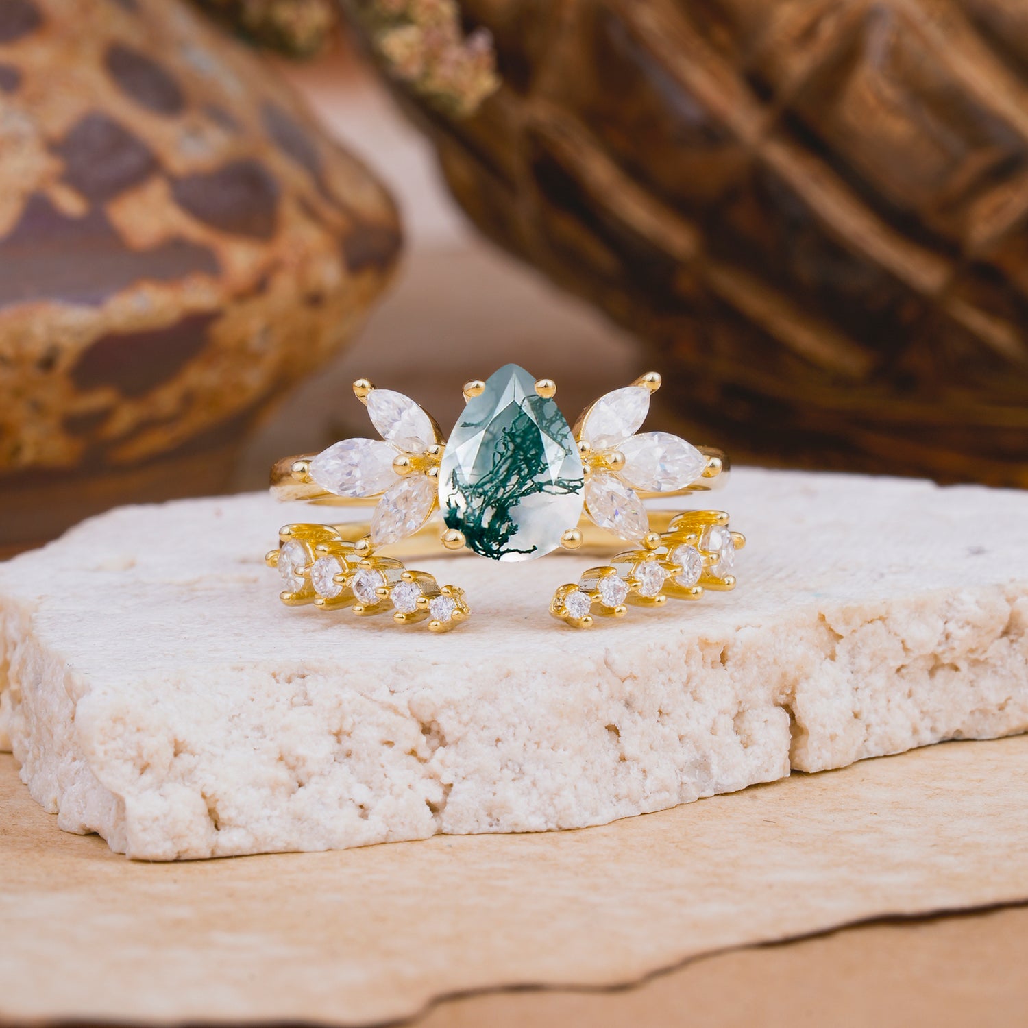 Vintage - Style 4 - Prong Pear - Shaped Moss Agate Stackable Bridal Ring Set