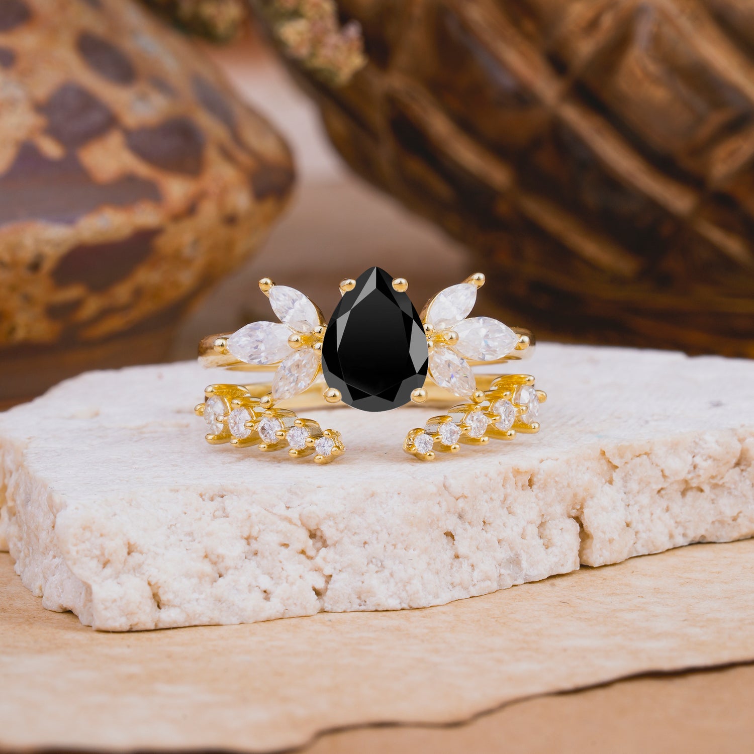 Vintage - Style 4 - Prong Pear - Shaped Black Onyx Stackable Bridal Ring Set