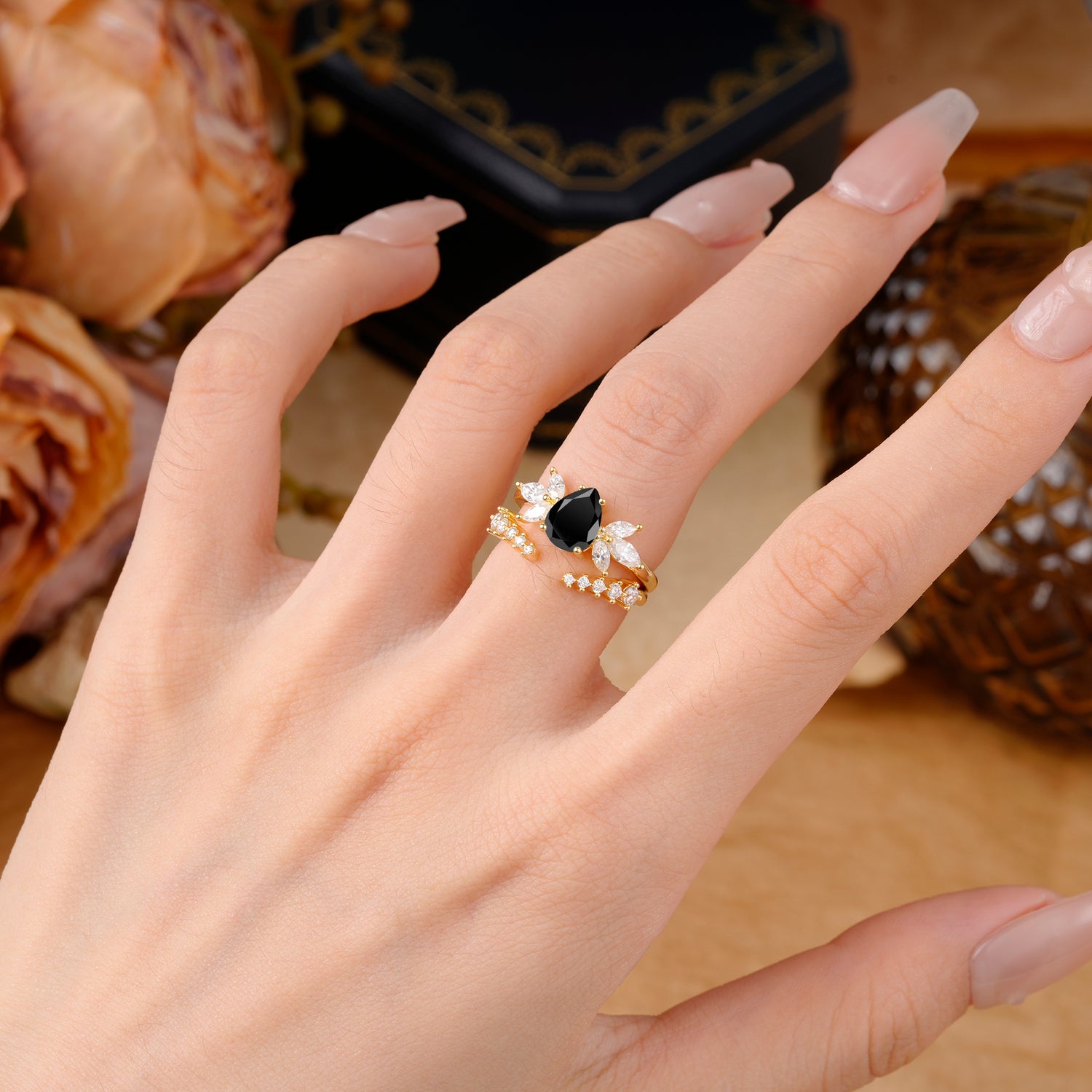 Vintage - Style 4 - Prong Pear - Shaped Black Onyx Stackable Bridal Ring Set