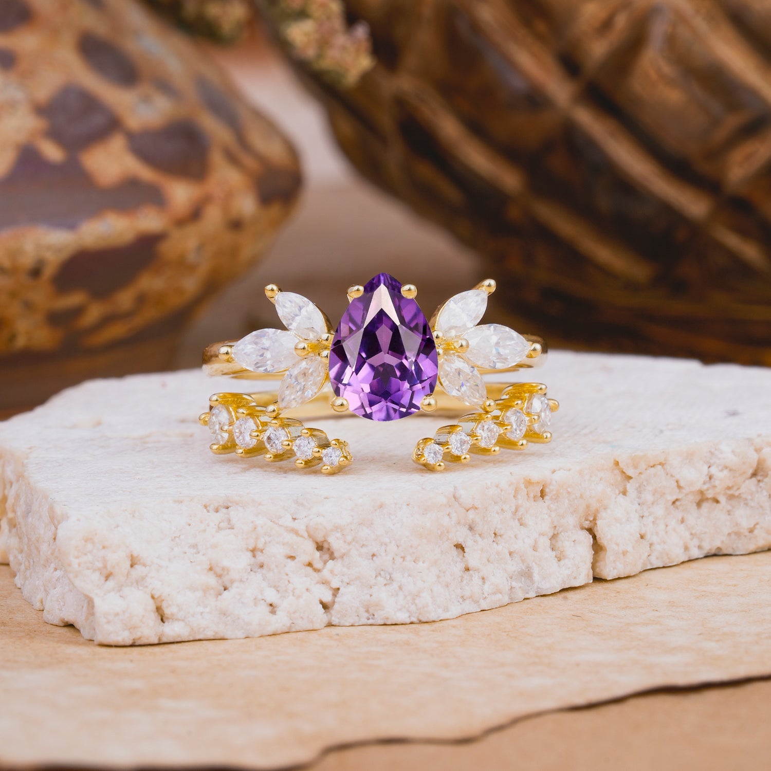 Vintage - Style 4 - Prong Pear - Shaped Amethyst Stackable Bridal Ring Set