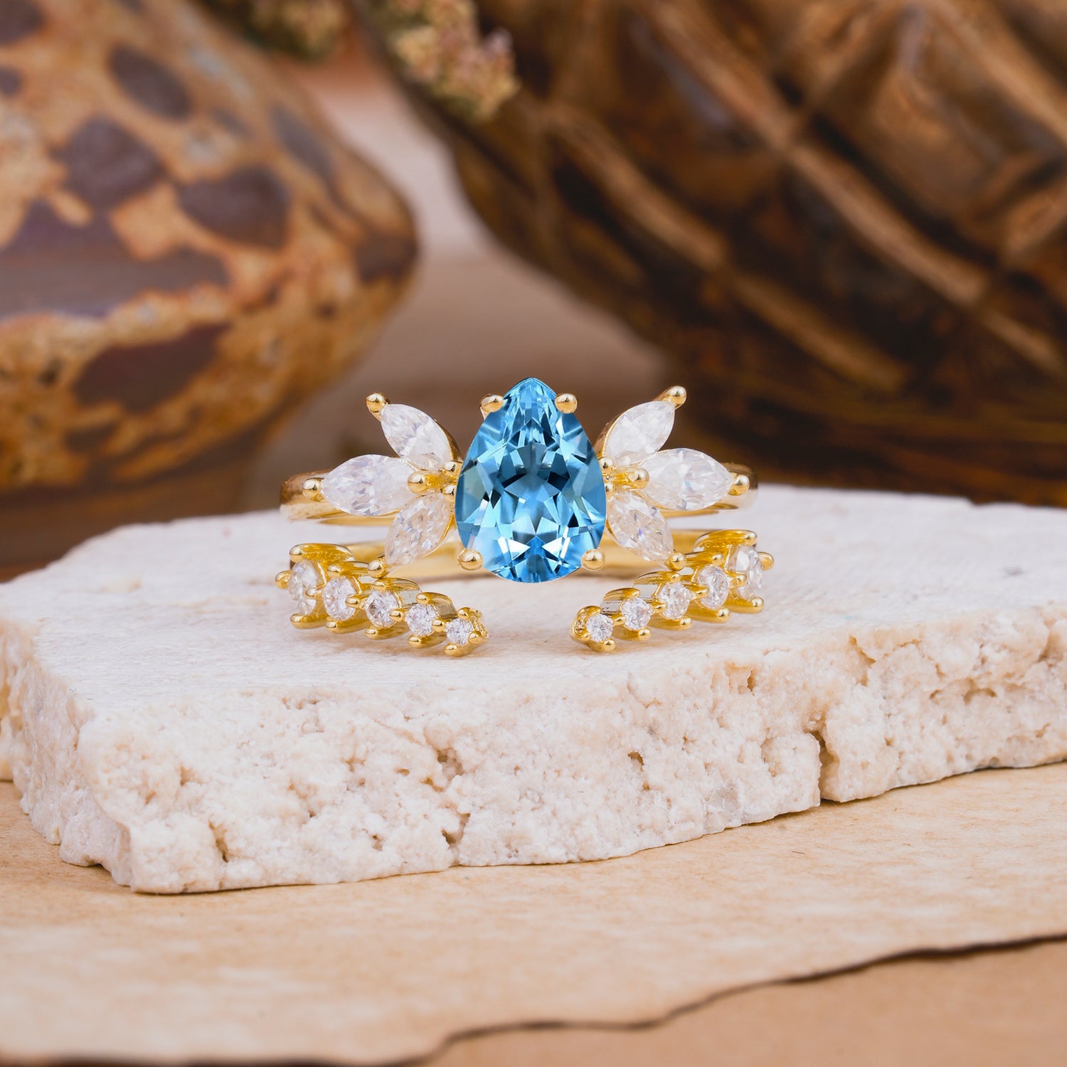 Vintage - Style 4 - Prong Pear - Shaped Aquamarine Stackable Bridal Ring Set