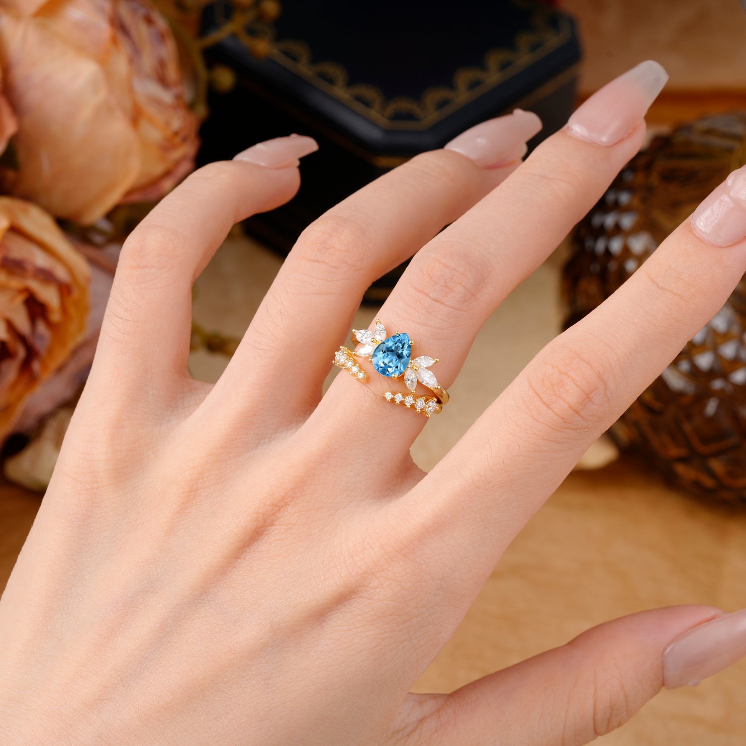 Vintage - Style 4 - Prong Pear - Shaped Aquamarine Stackable Bridal Ring Set
