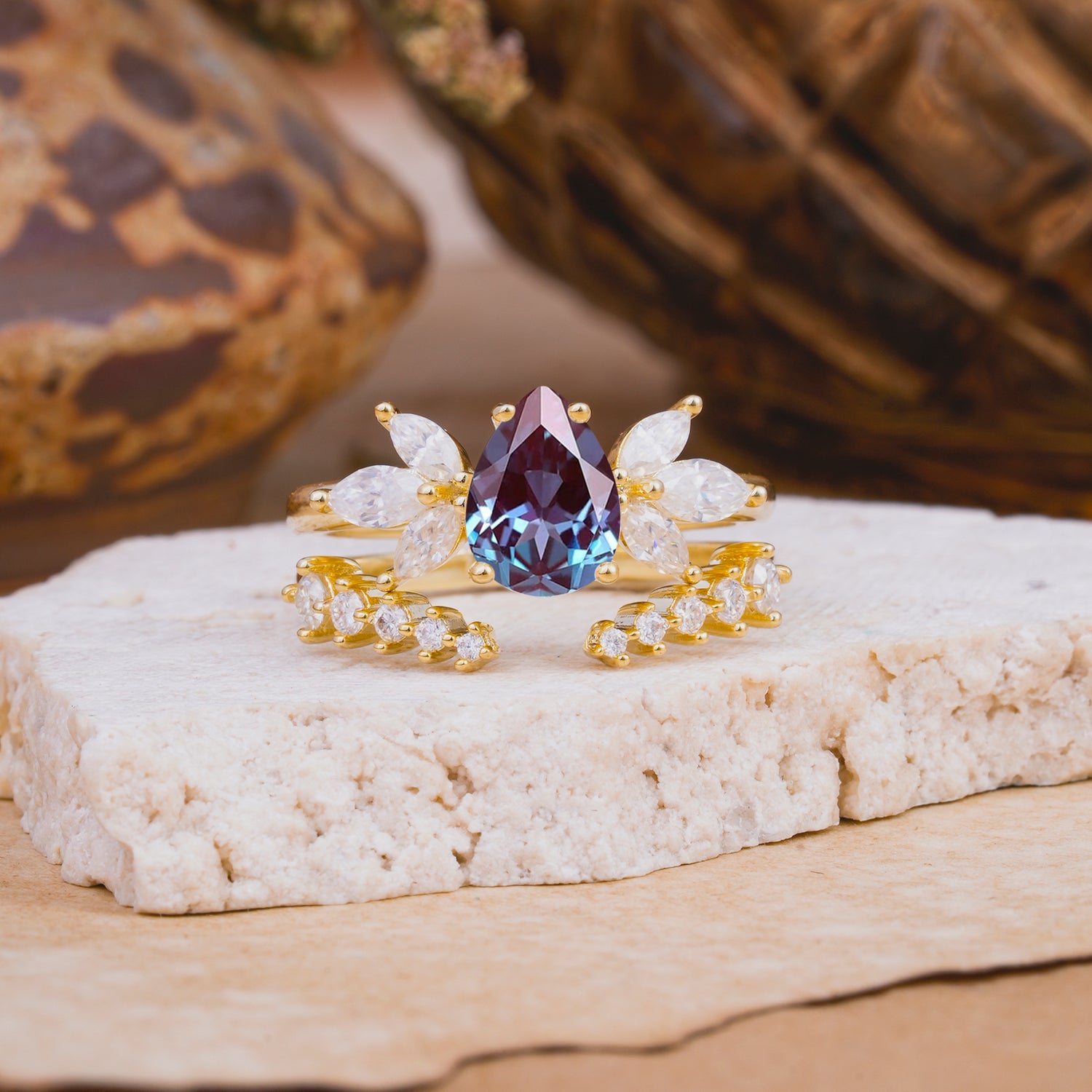 Vintage - Style 4 - Prong Pear - Shaped Alexandrite Stackable Bridal Ring Set