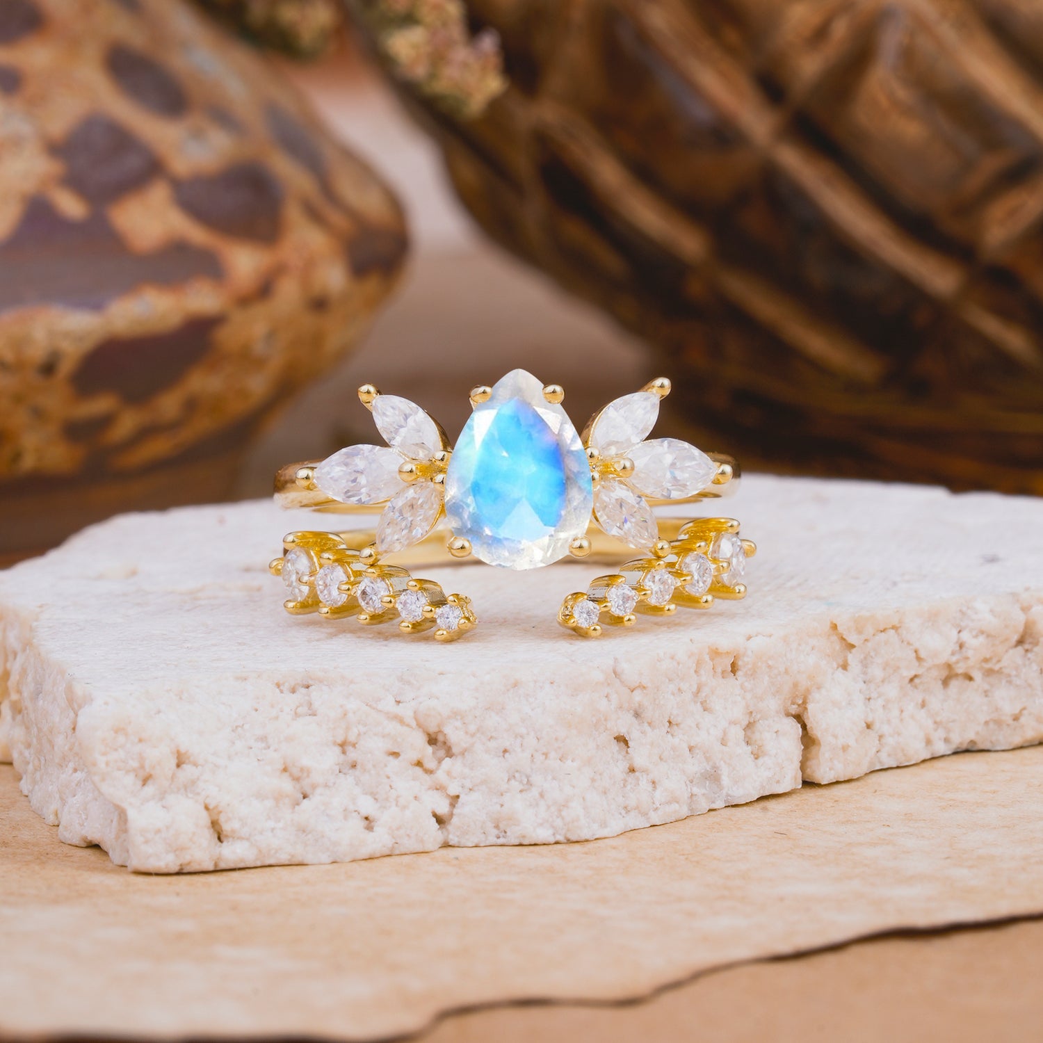 Vintage - Style 4 - Prong Pear - Shaped Moonstone Stackable Bridal Ring Set