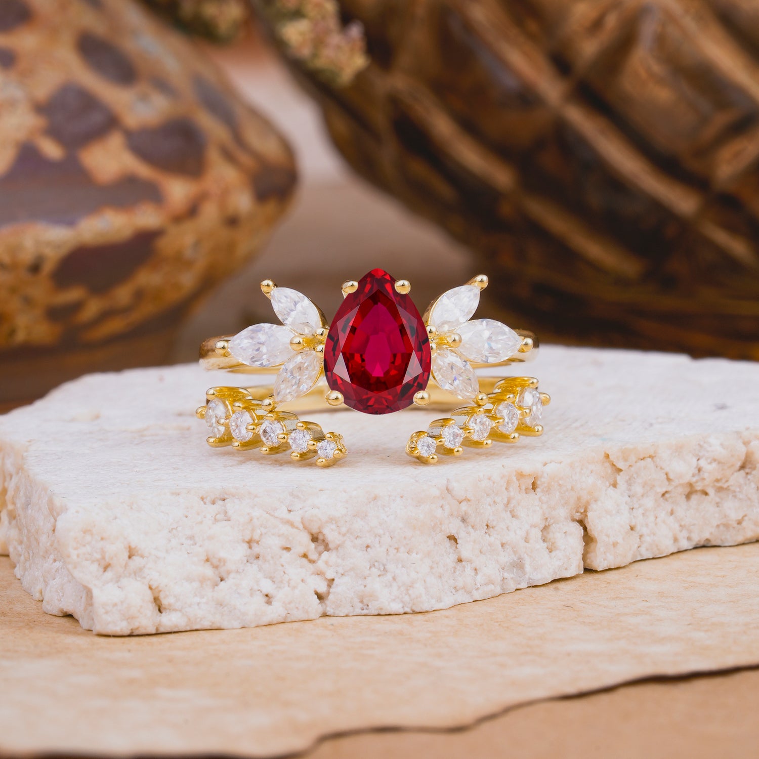 Vintage - Style 4 - Prong Pear - Shaped Ruby Stackable Bridal Ring Set