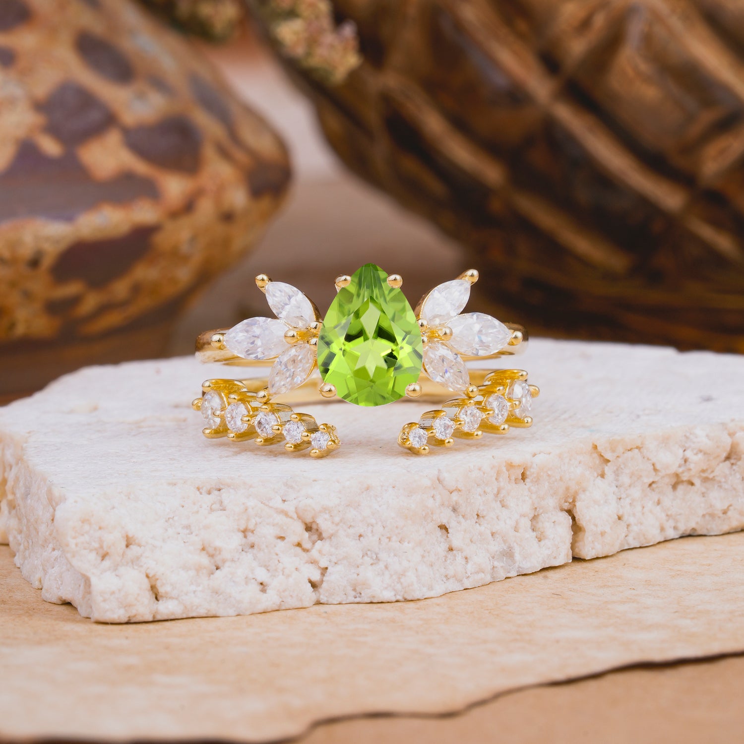 Vintage - Style 4 - Prong Pear - Shaped Peridot Stackable Bridal Ring Set