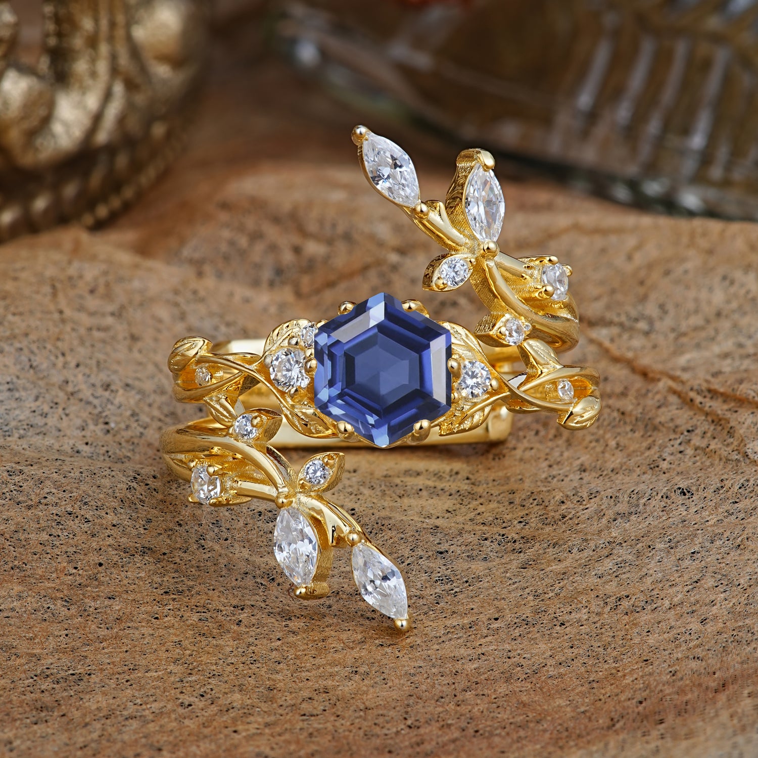 Nature-Inspired Luxury Hexagonal-Cut Tanzanite Bridal Ring Set - Romalar Jewelry