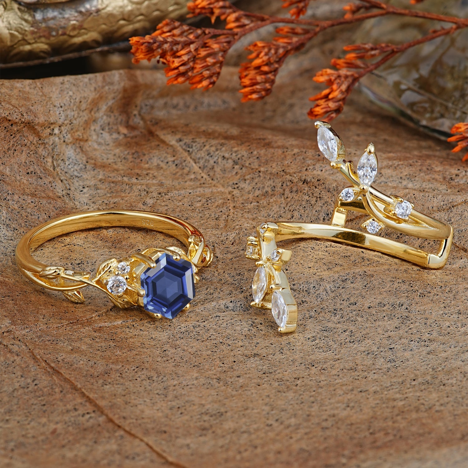 Nature-Inspired Luxury Hexagonal-Cut Tanzanite Bridal Ring Set - Romalar Jewelry