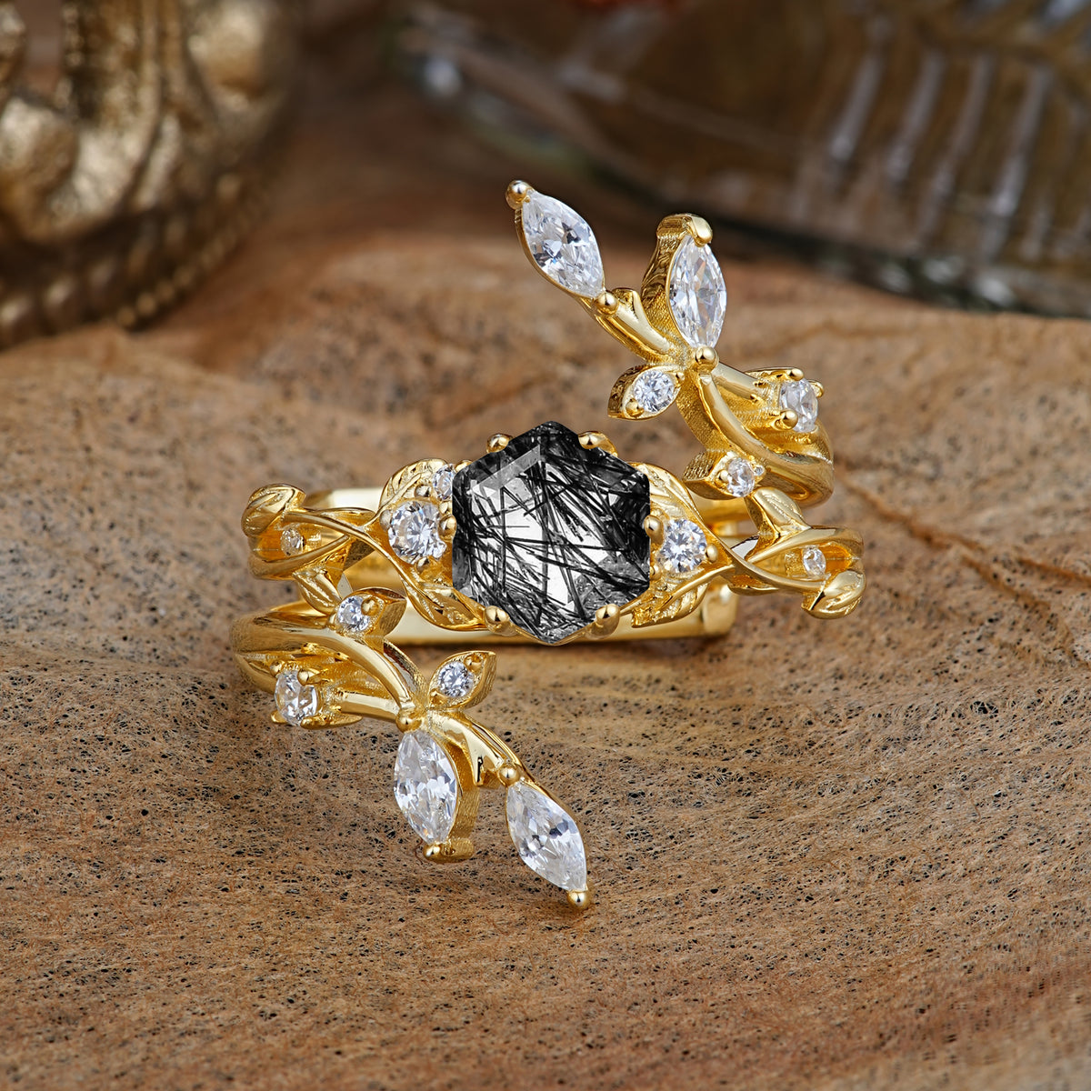 SR17146 Black Rutilated Quartz Ring - Yellow-Gold