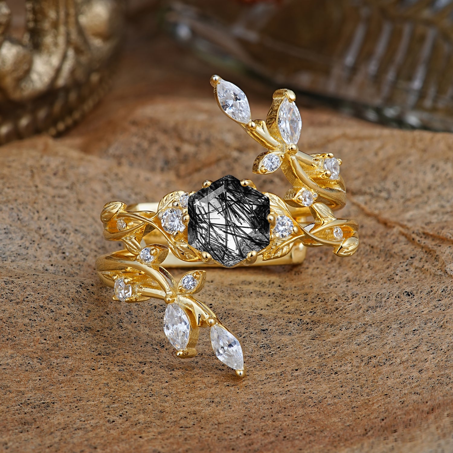 SR17146 Black Rutilated Quartz Ring - Yellow-Gold