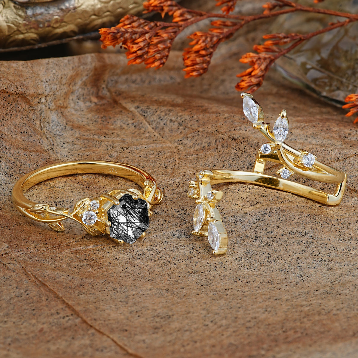 SR17146 Black Rutilated Quartz Ring - Rose-Gold