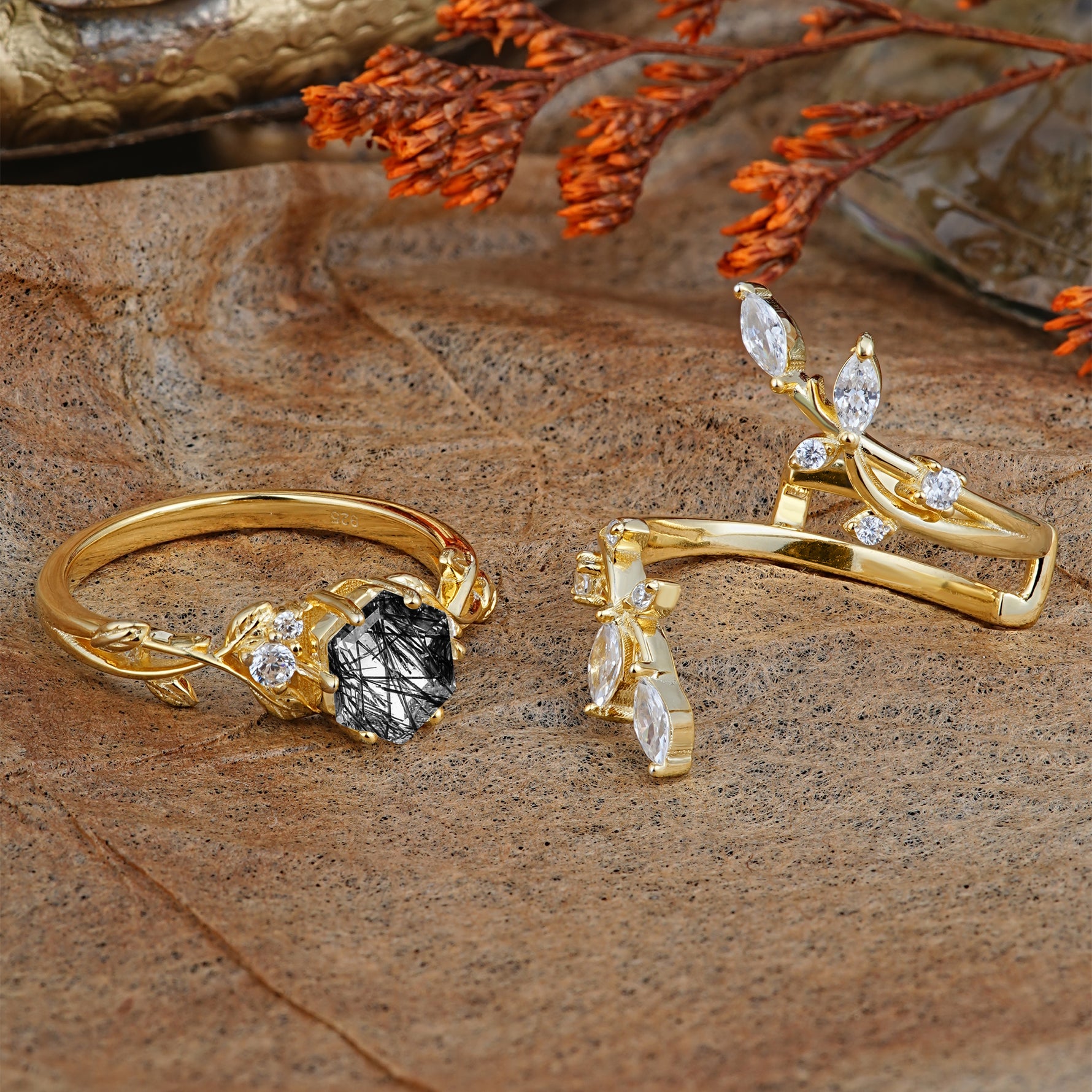 SR17146 Black Rutilated Quartz Ring - Rose-Gold