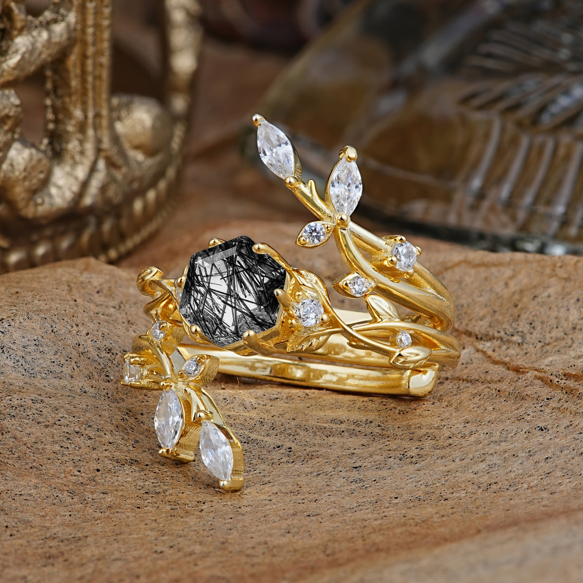 SR17146 Black Rutilated Quartz Ring - White-Gold