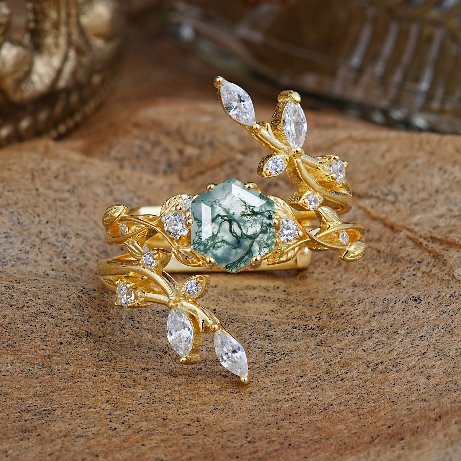 SR17146 Moss Agate Ring - Yellow-Gold