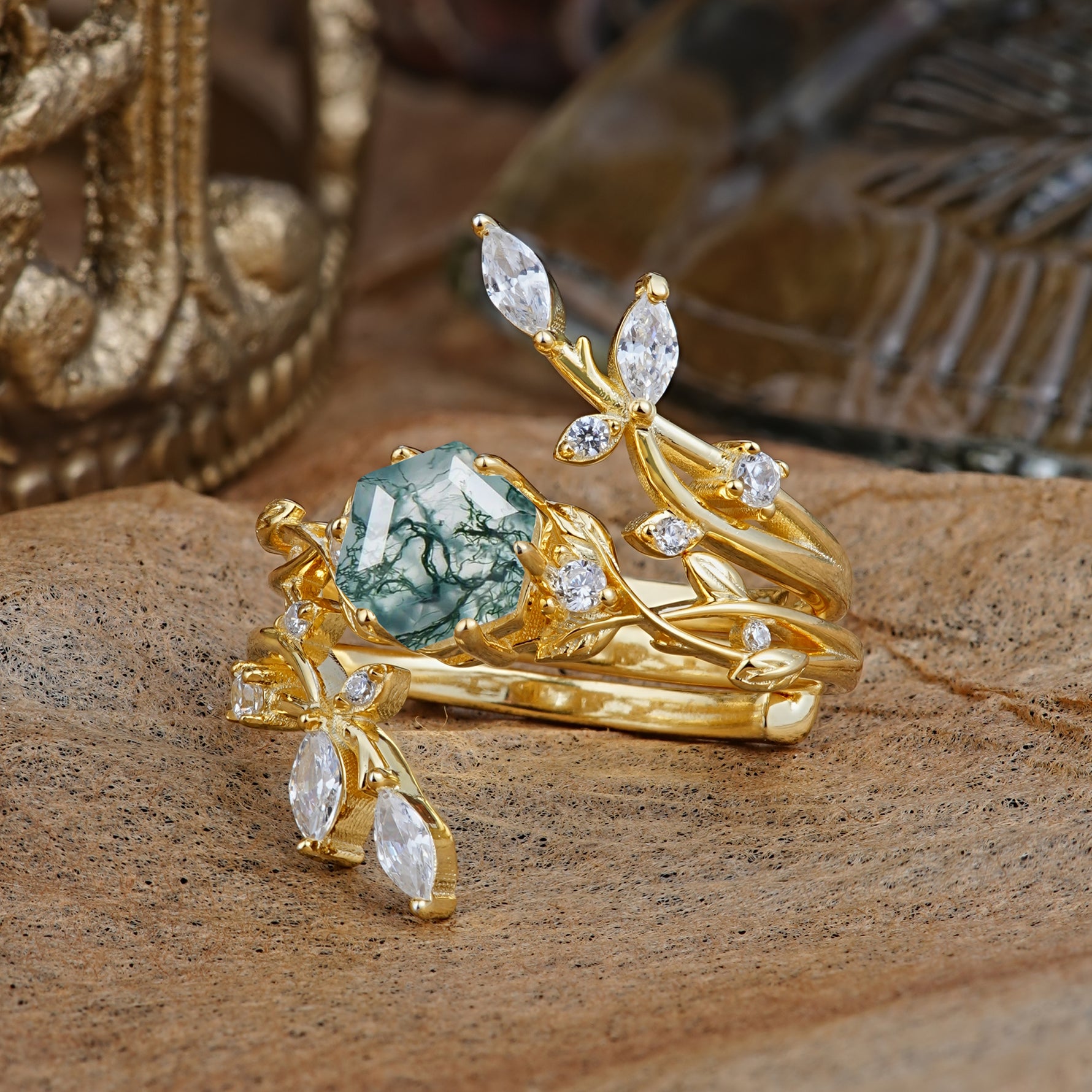 SR17146 Moss Agate Ring - White-Gold