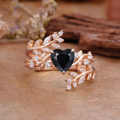 Elegant Heart-Shaped Nature Inspired Black Onyx Ring – Perfect for Engagement or Wedding