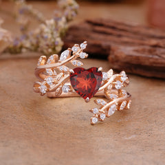 Elegant Heart-Shaped Nature Inspired Garnet Ring – Perfect for Engagement or Wedding