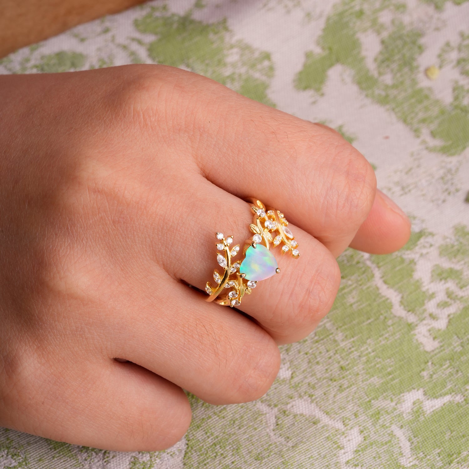 Elegant Heart-Shaped Nature Inspired Opal Ring – Perfect for Bridal Ring Set