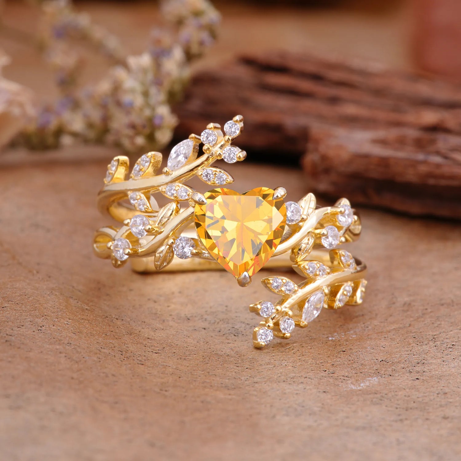 Elegant Heart-Shaped Nature Inspired Citrine Ring – Perfect for Bridal Ring Set