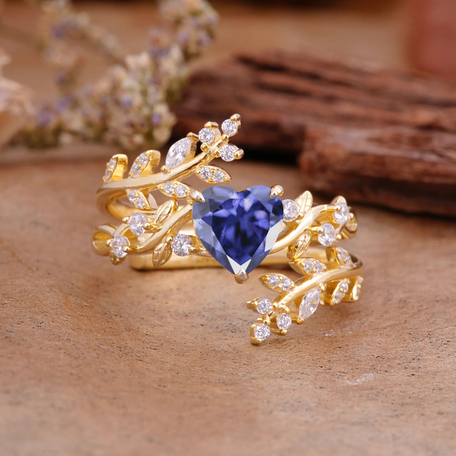 Elegant Heart-Shaped Nature Inspired Tanzanite Ring – Perfect for Bridal Ring Set - Romalar Jewelry