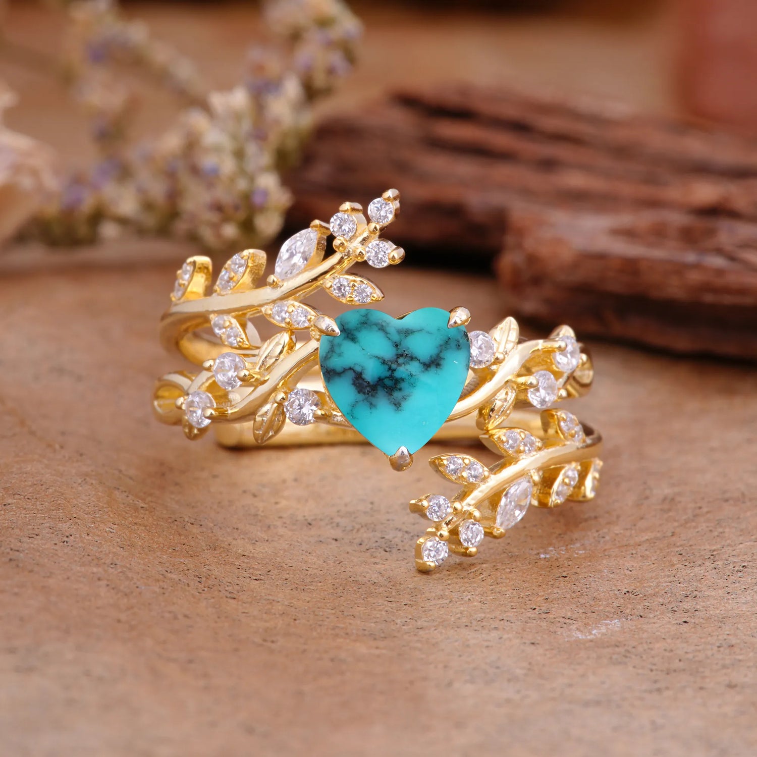 Elegant Heart-Shaped Nature Inspired Turquoise Ring – Perfect for Bridal Ring Set