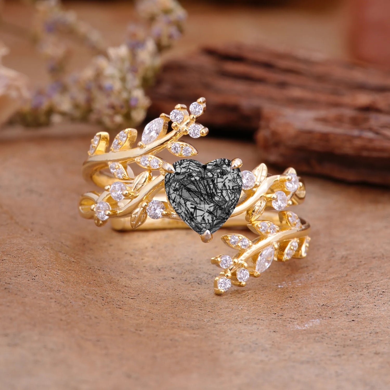 Elegant Heart-Shaped Nature Inspired Black Rutilated Quartz Ring – Perfect for Bridal Ring Set