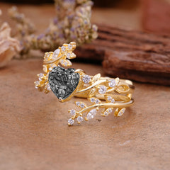 Elegant Heart-Shaped Nature Inspired Black Rutilated Quartz Ring – Perfect for Engagement or Wedding