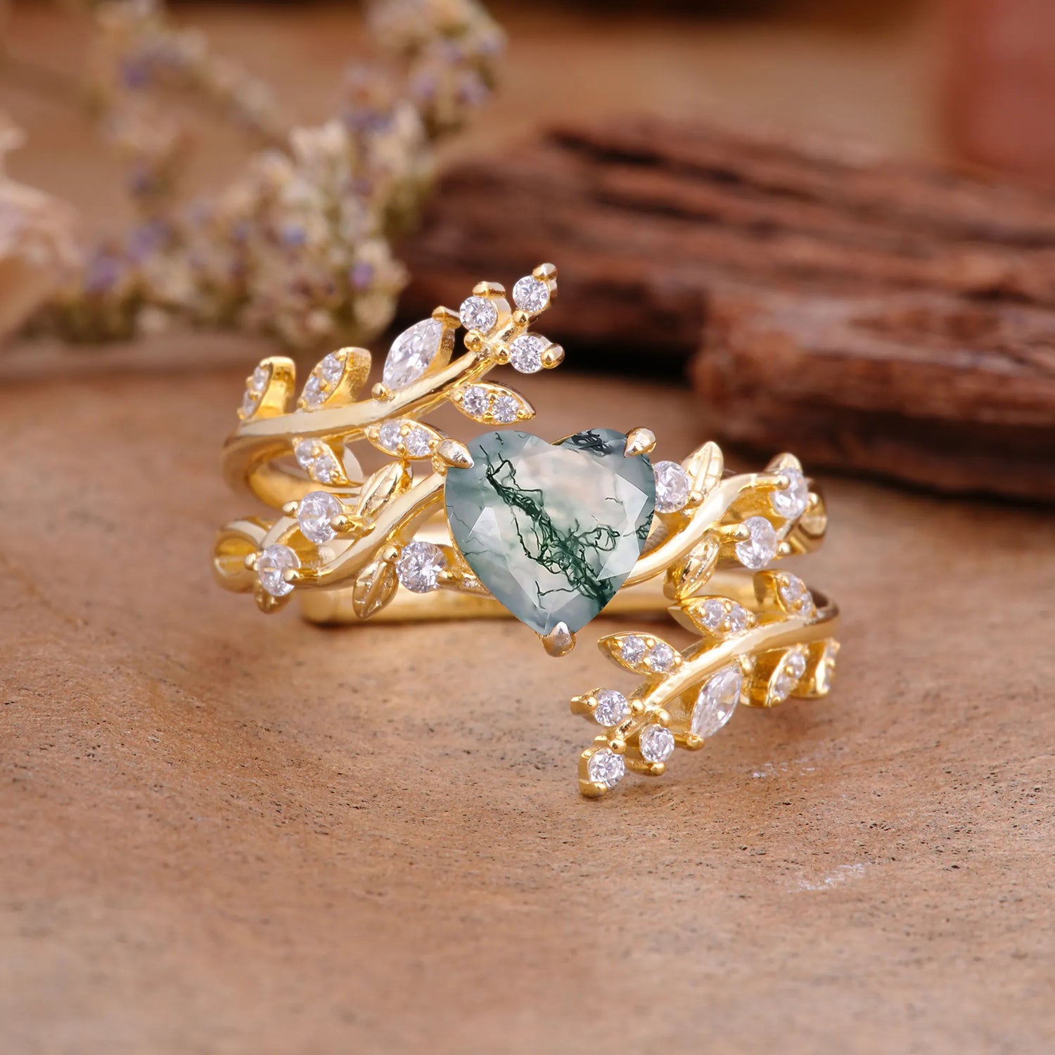 Elegant Heart-Shaped Nature Inspired Moss Agate Ring – Perfect for Bridal Ring Set