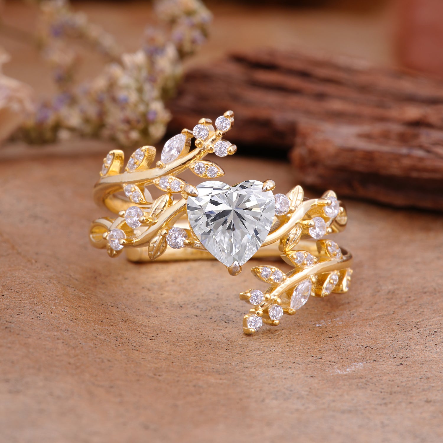 Elegant Heart-Shaped Nature Inspired Lab Diamond Ring – Perfect for Engagement Ring Bridal Set