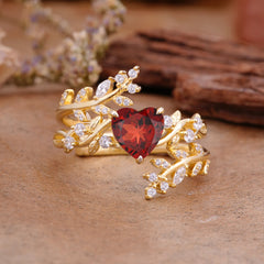 Elegant Heart-Shaped Nature Inspired Garnet Ring – Perfect for Engagement or Wedding