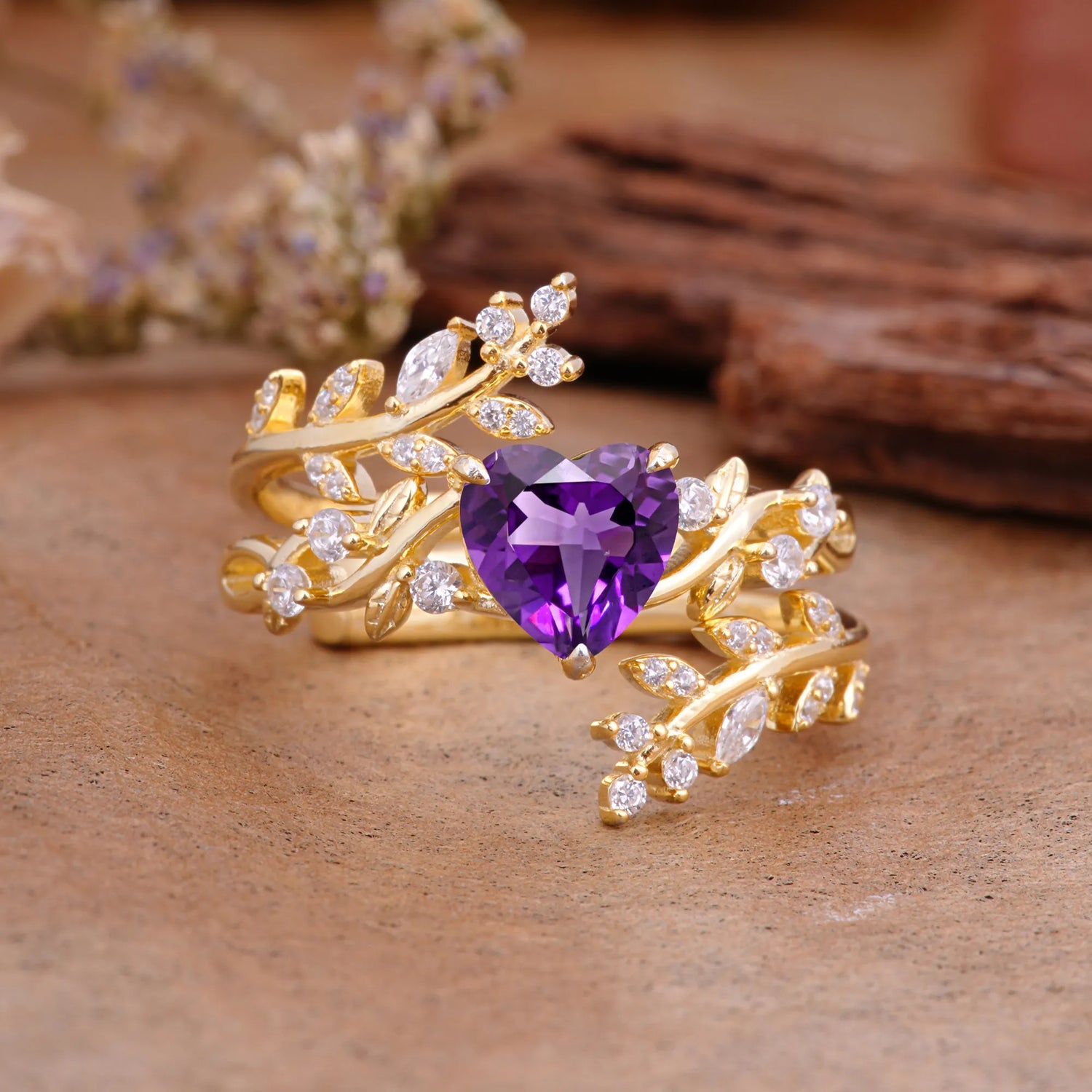 Elegant Heart-Shaped Nature Inspired Amethyst Ring – Perfect for Bridal Ring Set