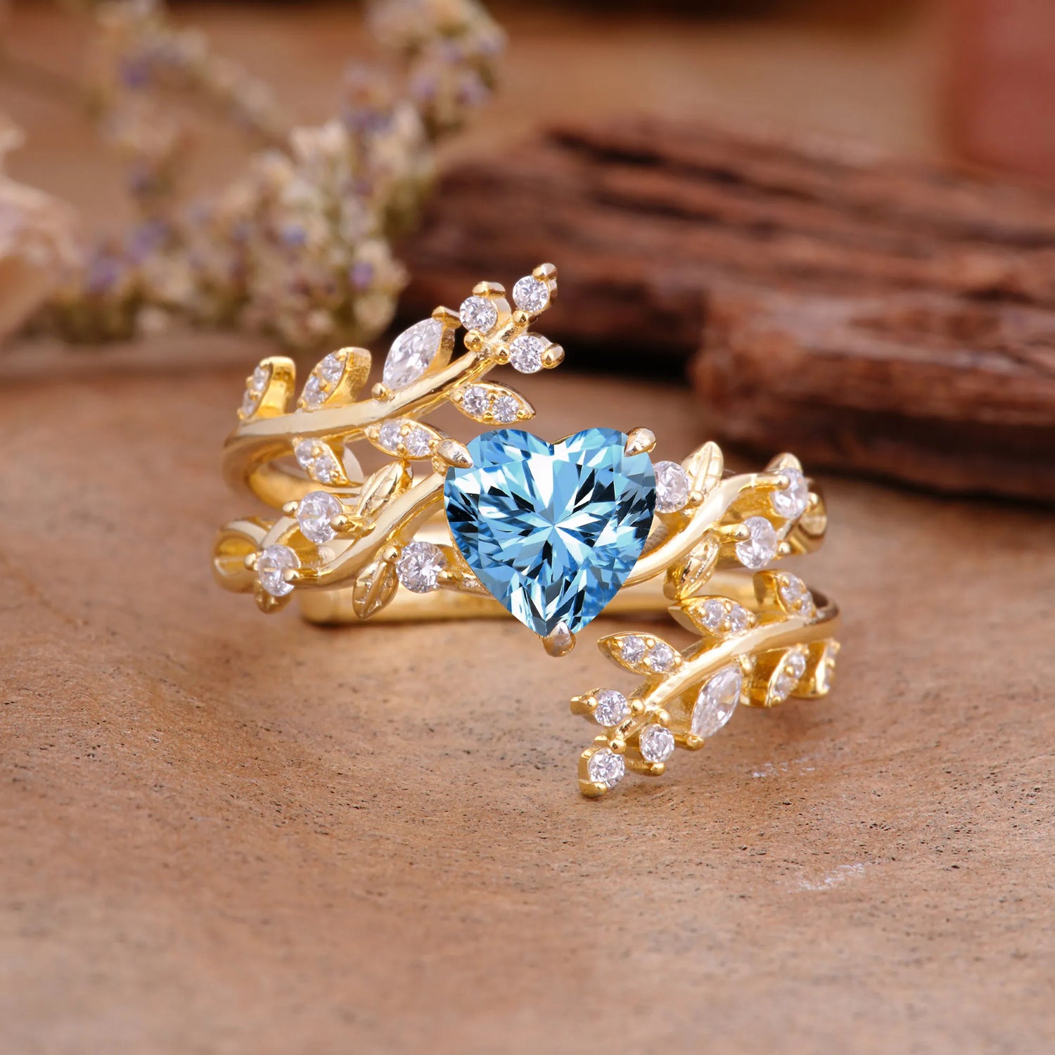 Elegant Heart-Shaped Nature Inspired Aquamarine Ring – Perfect for Bridal Ring Set