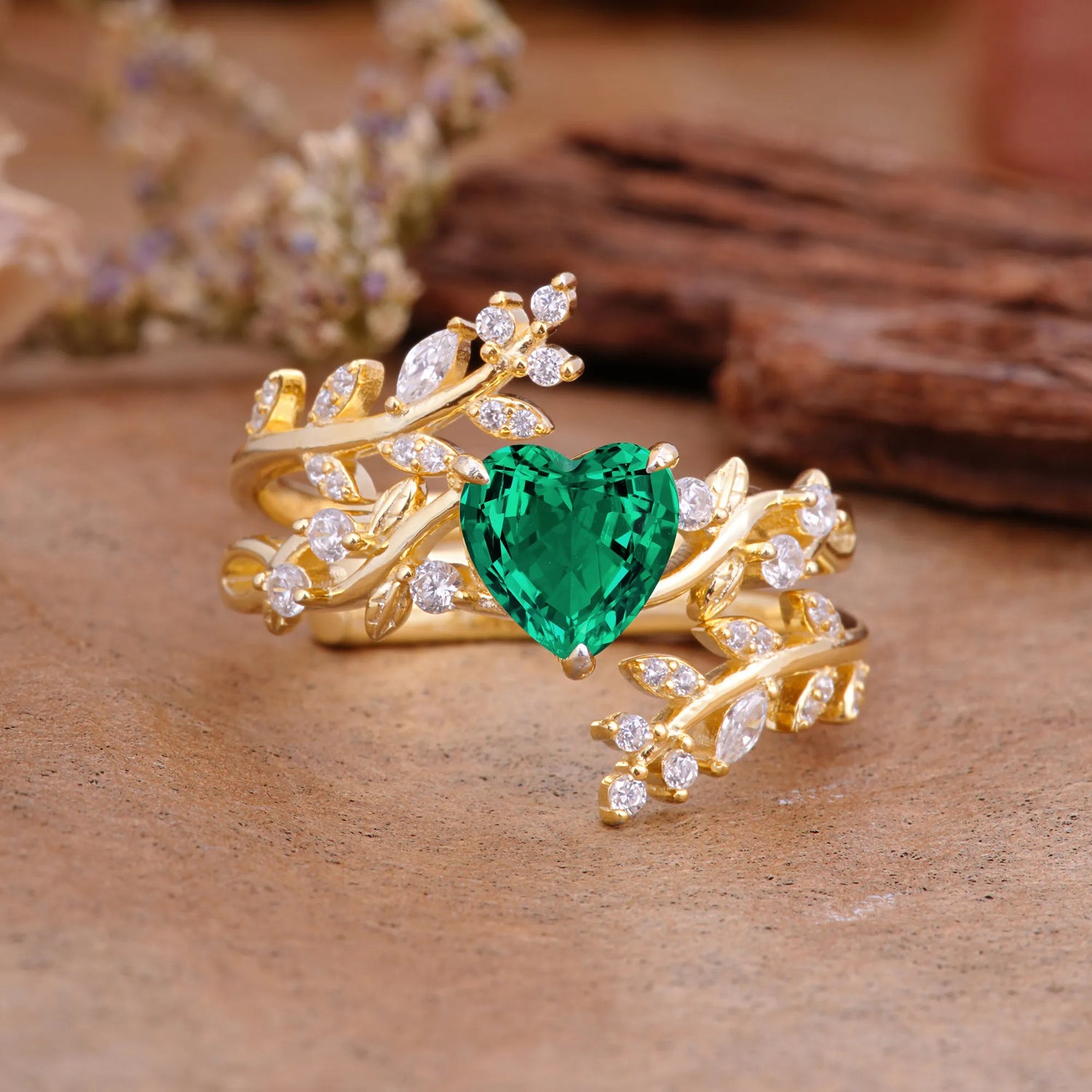 Elegant Heart-Shaped Nature Inspired Emerald Ring – Perfect for Bridal Ring Set - Romalar Jewelry