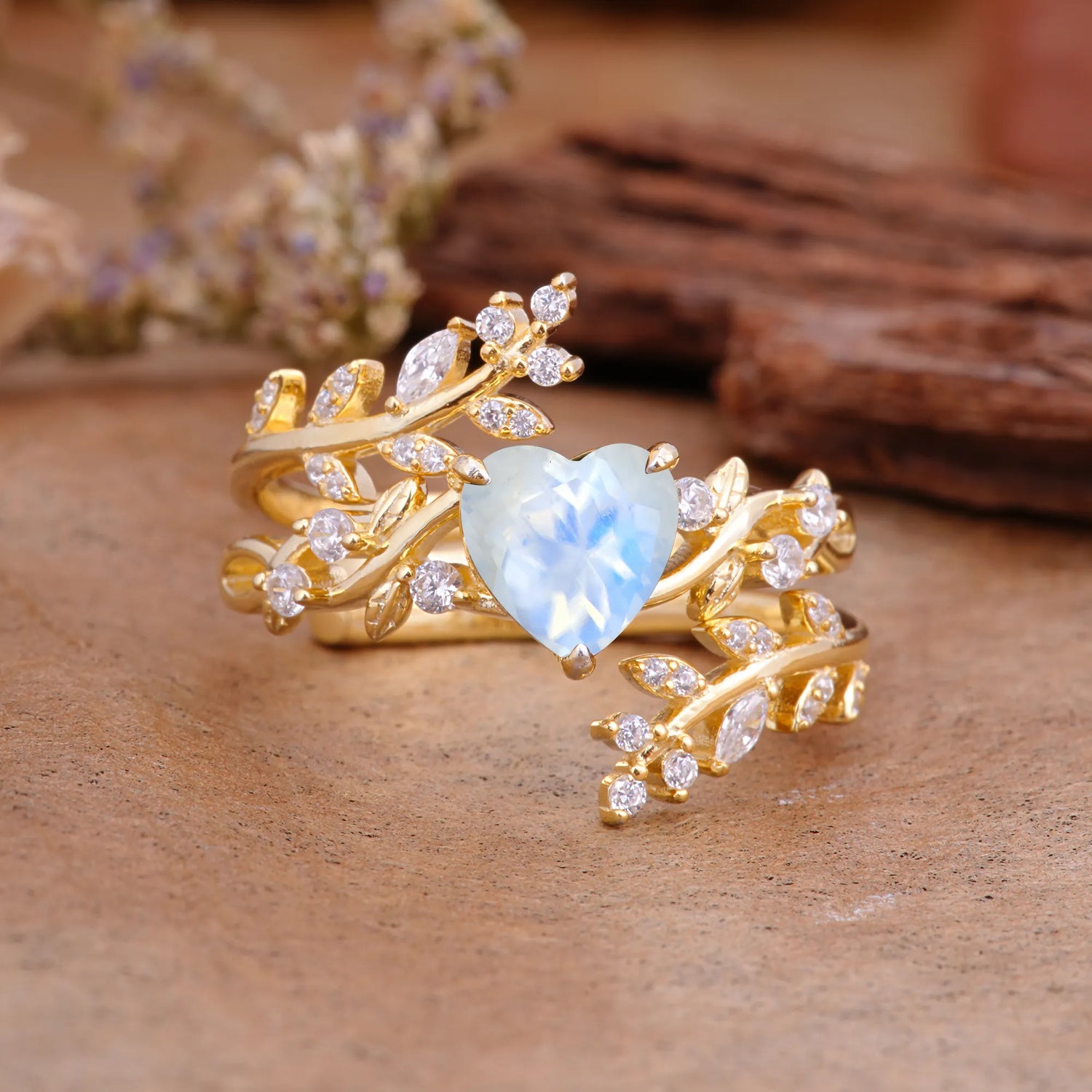 Elegant Heart-Shaped Nature Inspired Moonstone Ring – Perfect for Engagement or Wedding