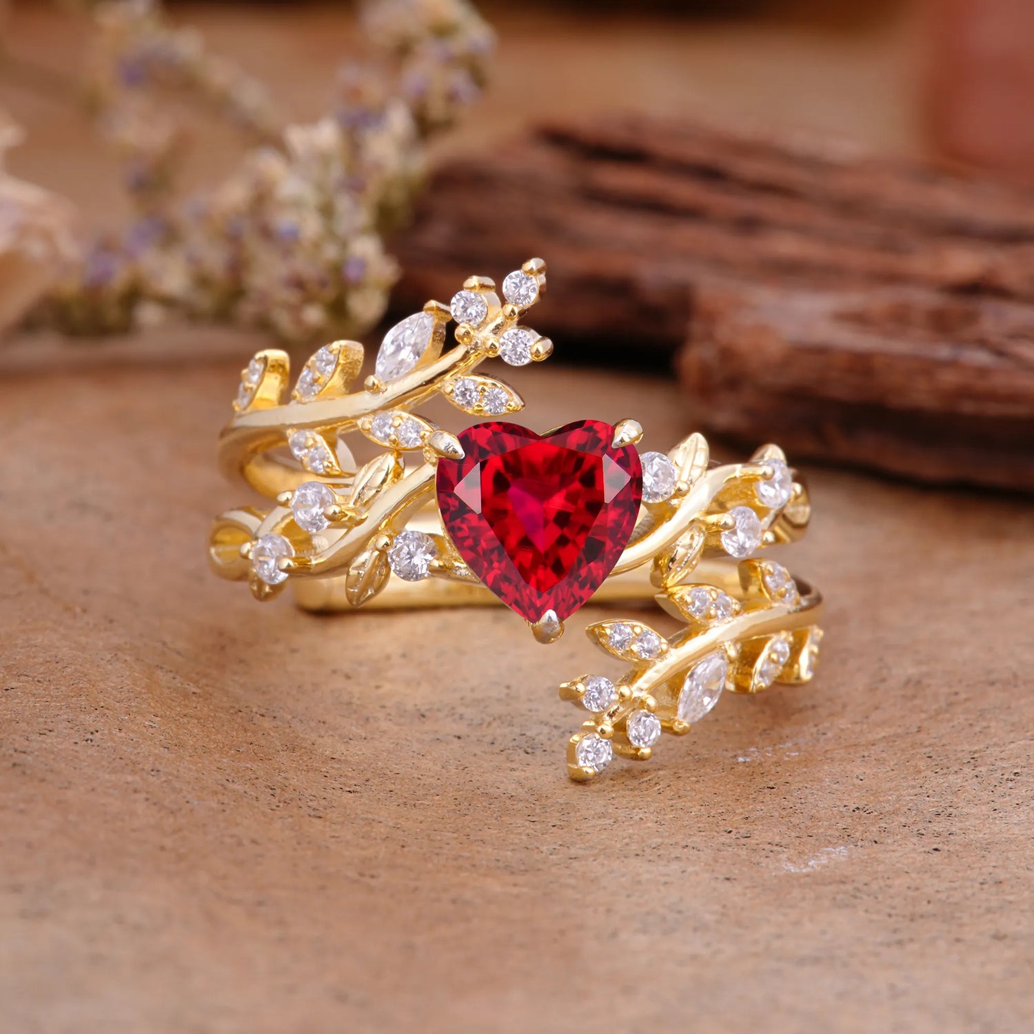 Elegant Heart-Shaped Nature Inspired Ruby Ring – Perfect for Bridal Ring Set