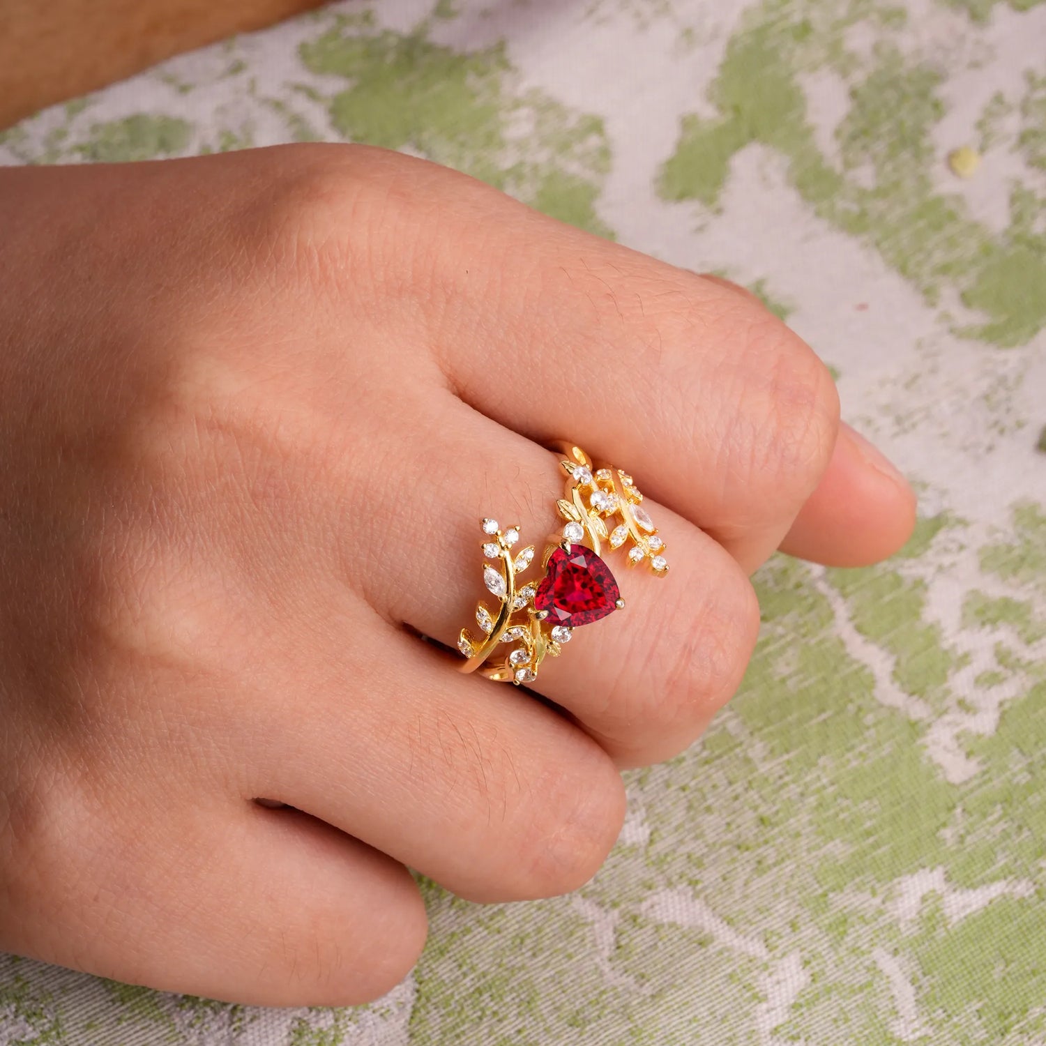 Elegant Heart-Shaped Nature Inspired Ruby Ring – Perfect for Bridal Ring Set