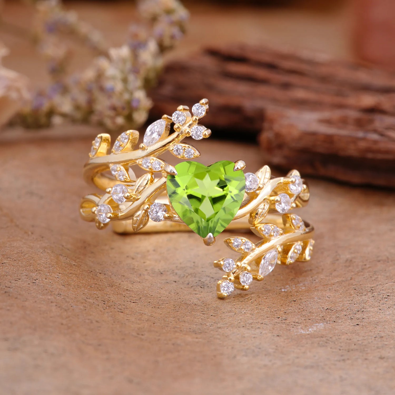 Elegant Heart-Shaped Nature Inspired Peridot Ring – Perfect for Bridal Ring Set