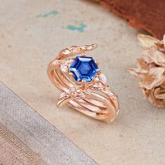 Botanical 4 Prong Hexagon Sapphire Engagement Ring Suite