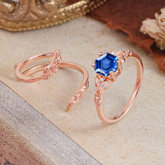 Botanical 4 Prong Hexagon Sapphire Engagement Ring Suite