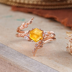 Botanical 4 Prong Hexagon Citrine Engagement Ring Suite