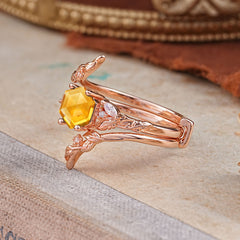Botanical 4 Prong Hexagon Citrine Engagement Ring Suite