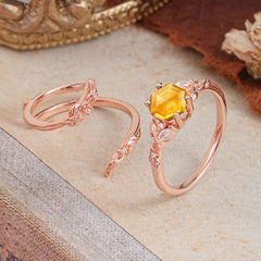 Botanical 4 Prong Hexagon Citrine Engagement Ring Suite