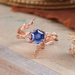 Botanical 4 Prong Hexagon Tanzanite Engagement Ring Suite