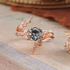 Botanical 4 Prong Hexagon Black Rutilated Quartz Engagement Ring Suite