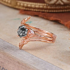 Botanical 4 Prong Hexagon Black Rutilated Quartz Engagement Ring Suite