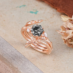 Botanical 4 Prong Hexagon Black Rutilated Quartz Engagement Ring Suite