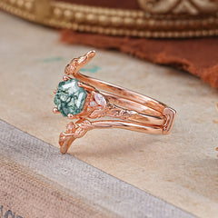 Botanical Hexagon Moss Agate Engagement Ring Suite