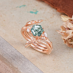 Botanical Hexagon Moss Agate Engagement Ring Suite