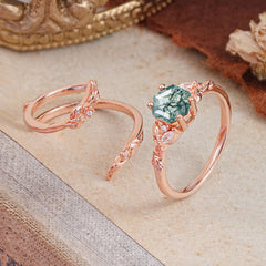 Botanical Hexagon Moss Agate Engagement Ring Suite